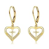 DOVRAN Pendientes colgantes de oro amarillo macizo de 14 quilates para mujer, aretes de cruz de corazón de oro real, aretes de corazón infinito, joyería de oro para mujer, cumpleaños, oro amarillo
