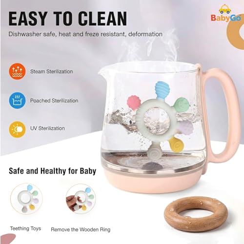 Image of BabyGo 2 in 1 Baby Teether and Teething Ring for Infants | Soft Silicone and Natural Neem Wood Teether | Teething Toy for Chewing, Mouthing, and Sensory Development for Babies 3-12 Months | Pack of 1