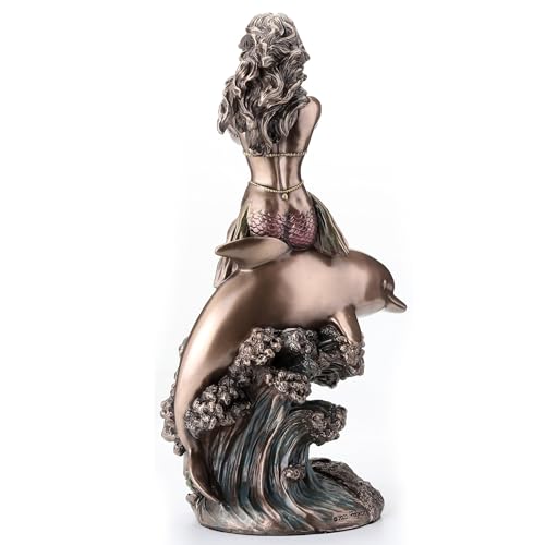 Estatua de sirena sobre delfín bronce 8.25 pulg miniatura 5