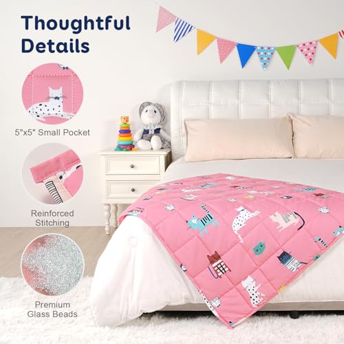 Kivik Cooling Weighted Blanket 7 Pounds, Breathable Weighted Blankets, Ultra Soft Heavy Throw for Relaxing & Sleeping, Machine Washable, 41 x 60 Inches, Cute Cat Printing, Pink