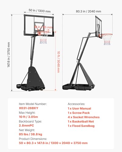 Image of VEVOR Basketball Hoop, Basketball Hoop 44 48 50 54 Inchs PC Backboard, 4.4-10FT Height Adjustable, Basketball Portable Hoop& Goal, Indoor /Outdoor Classic Basketball Court, Teen Adult School Park