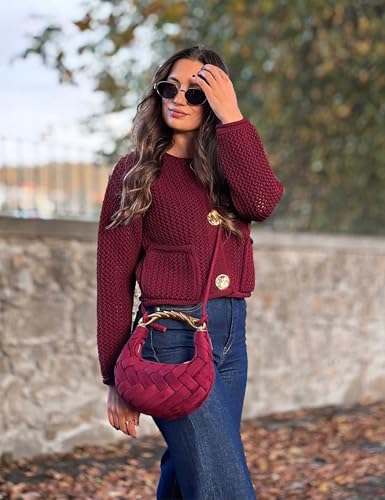 Women's Cropped Cardigan Sweaters Chunky Knit Gold Button Down Long Sleeve Open Front Cardigan with Pockets (Burgundy-M)3