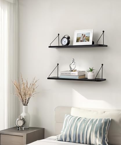 SUMGAR Black Floating Shelves for Wall Shelf Unit 60cm Long for Bedroom Bathroom Kitchen Wood Storage Organiser Modern Decorations Display for Living Room Office Home Rack Set of 2 - Image 2