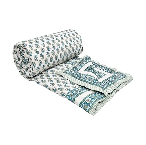 Image of BLOCKS OF INDIA Hand Block Printed Cotton King Size Quilt /Rajai | Green Tree