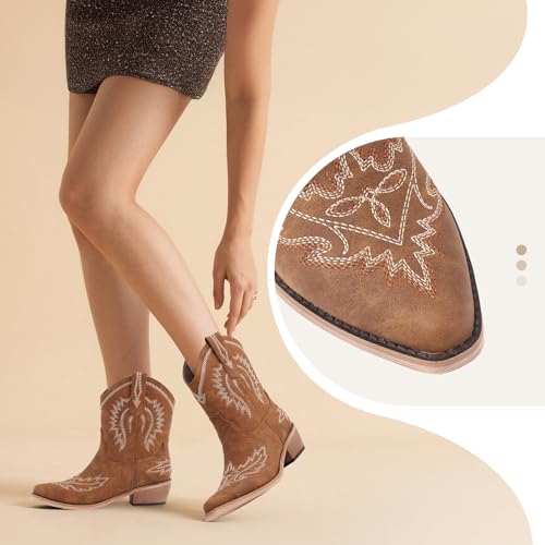LingxiaUne Women’s Western Cowboy Boots – Embroidered Mid Heel Ankle Boots for Stylish & Versatile Wear2