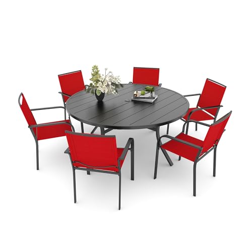 Image of Anmutig 7-Piece Outdoor Dining Set 6 Stackable Chairs & 54 inch Round Table with Umbrella Hole All Weather Furniture Set for LawnDeckBackyard - Red