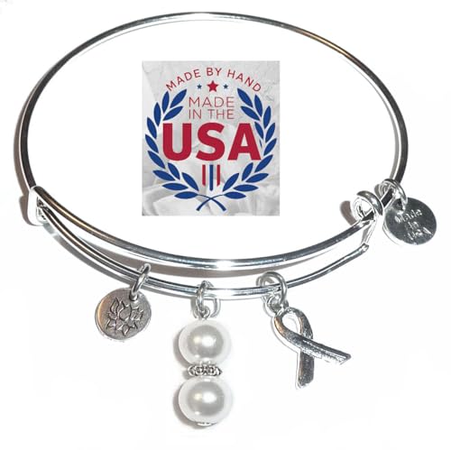 Hidden Hollow Beads Cancer Awareness Bangle Bracelet Women Handmade USA, Multi Color Ribbon Beaded Jewelry, Survivor Support Gift, Caregiver Appreciation, Fundraiser Event Campaign Accessory (Lung Cancer (White Pearl))