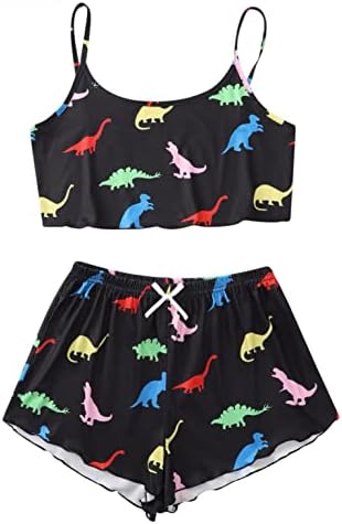 Generic Women's Pajamas Set 2 Piece Outfit Cute Print Sexy Sleepwear Lingerie Spaghetti Strap Sleeveless Crop Top Shorts Set, 05-black, Small