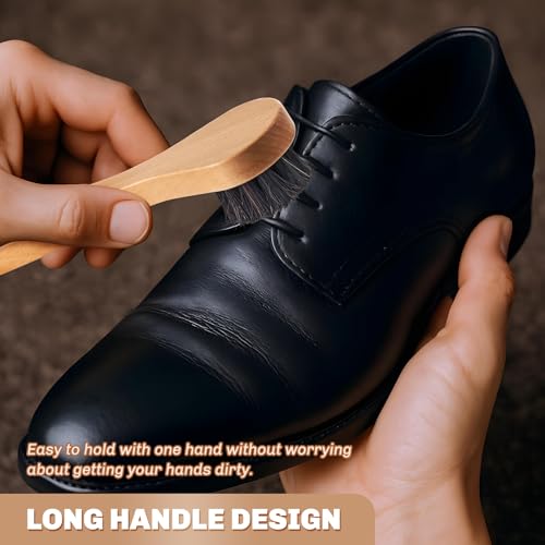 Image of 2 Pcs Horsehair Shine Shoes Brush Kit Polish Dauber Applicators Cleaning Leather Shoes Boots Care Brushes Suede Cleaner Brush(Wooden Long Handle)
