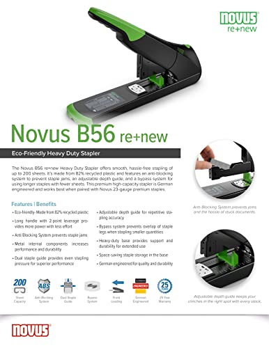 Novus B 56 re+new nachhaltiges Blockheftgerät (Heftleistung 200 Blatt, variabler Einlegetiefe bis 75 mm, Vollmetallgerät mit Kunststoffummantelung aus 82% recyceltem Kunststoff) schwarz grün