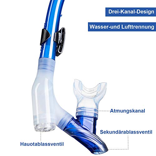 Dorlle Schnorchelset Schnorcheln Set mit Schnorchel und Taucherbrille，wasserdichte Tauchmaske Anti-Fog Anti-Leck aus Gehärtetem Glas，mit 3-Kanal Premium Dry Schnorchel für Erwachsene,Klar/blau