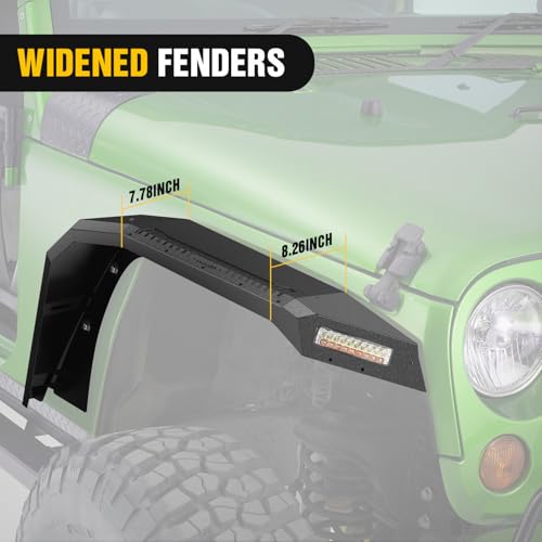 Nilight JK Wide Flat Front Fender Flares Fit for 2007-2012 2013 2014 2015 2016 2017 2018 Jeep Wrangler JK JKU 2/4 Door 2Pcs Off-Road Wheel Fenders Mud Guards w/LED Lights Turn Signal Lights DRL by Nilight - Image 2