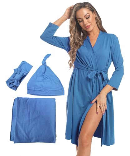 Image of WINROLA Maternity Robe with Matching Swaddle Set Girls Boys, Mommy Me Robe Set Soft Elastic Women Robes