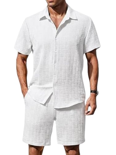 Image of GRECIILOOKS Men'S Summer Casual Two Piece Outfit, Textured Button Down Shirt and Shorts Set, Lightweight Poly Blend Co-Ord for Beach, Travel & Lounge Wear