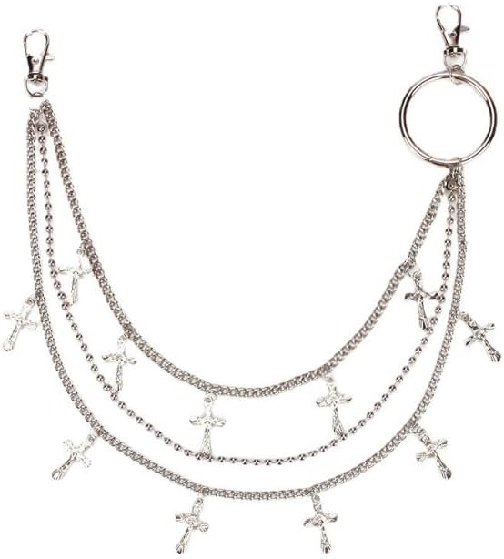 1Pc Punk Style Cross Decorative Chain Belts Layered Silver Pant Chains with Tassel for Jeans Hip Hop Style Wallet Pocket Chain Unisex Gothic Decor​for Music Festival Cosplay