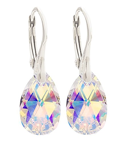 Ah! Jewellery® Women's 16mm Aurora Borealis Pear Crystals Earrings. Finished in Highly Polished Sterling Silver. Stamped 925. 3gr Total Weight.