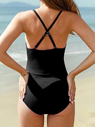 Summer Mae Maternity Swimsuit One Piece Bathing Suit Button Neck Cross Back Black L #TOP1