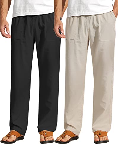 Ficerd 2 Pcs Men's Drawstring Linen Pants Men Casual Beach Trousers With Pocket Lightweight Elastic Yoga Pant (Black, Khaki, Xx-Large) #TOP14