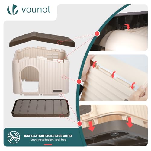 VOUNOT® Katzenhaus & Hundehütte Indoor Outdoor, Winterfest und Wetterfest, schräges Dach, mit Belüftung und rutschfesten Füßen, Haustierhaus für Katze, Hund und Kaninchen, 60 x 51 x 41 cm, Beige