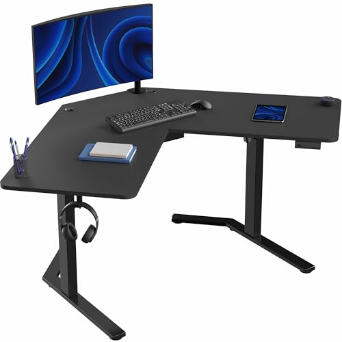 Image of VIVO Black 55 x 55 in Corner Standing Desk, DESK-E1L110B | Electric, L-Shaped Table, Sit Stand, Height Adjustable, Memory Presets, Home and Office Furniture, Black Frame