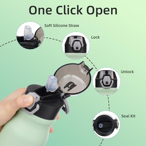 Image of BJPKPK 25 oz Insulated Water Bottle, Straw, Handle, Stainless Steel Flask | Leak Proof Locking Lid, Thermal, Double Wall Vacuum, Keeps Hot /Cold, BPA Free, Dishwasher Safe, Travel & Sports, Sage
