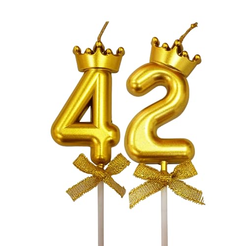 Image of 2 Pc 42 Number Candle for Birthday Cake Metallic 42nd Birthday Cake Decoration Forty Two Candle with Crown on Top Cake Topper 0-9 Number Candles for Anniversary (Pack of 2, Gold)