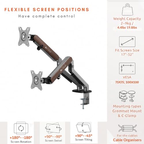 Image of ARTIKEL Monitor Desk Mount Adjustable Spring Assisted Monitor Arm VESA Mount with C Clamp Grommet Mounting Base Computer Monitor Stand (Sleek Spacegray Wood, Dual)