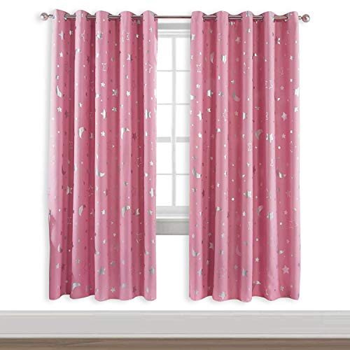 WUBODTI Pink Blackout Curtains for Girls Bedroom - 52 x 84 Inches Silver Star Kids Window Curtains 2 Panel Sets, Living Room Darkening Grommet Light Blocking Thermal Insulated Nursery Drapes