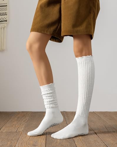 Image of Yawlsow Pilates Socks with Grips for Women Yoga Ruffle Grippy Non Slip Long Slouchy Scrunch Socks for Barre Workout Hospital