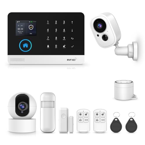 PGST Alarmanlage Haus Set - WLAN/4G SIM Alarmsystem mit SMS Alarmierung etc.Alarmanlagen fürs Haus Büro inkl. 2.4GHz IP Kamera,Fenstersensoren,Bewegungsmeldern, Funktioniert mit Alexa