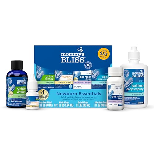 Mommy’s Bliss Newborn Essentials Gift Set, Includes Gripe Water, Baby Vitamin D/Gas Drops and Gentle Saline Drops/Spray