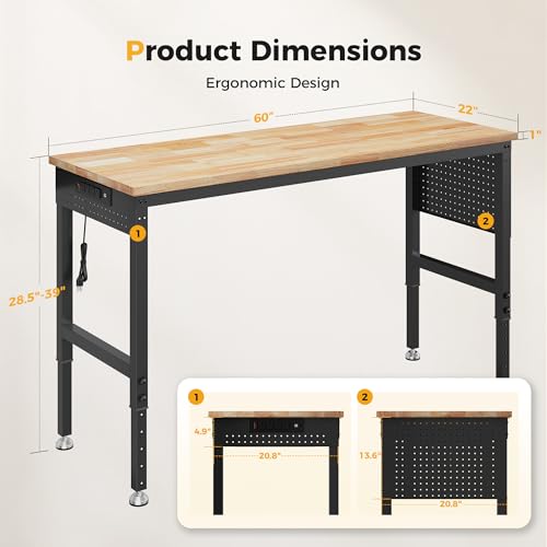 Image of CAMMOO 60 inch Adjustable Heavy Duty Workbench, 2000 LBS Load Capacity Rubber Wood Work Table with Pegboard, Power Outlets, Work Bench for Garage, Workshop, Office, Home, Commercial