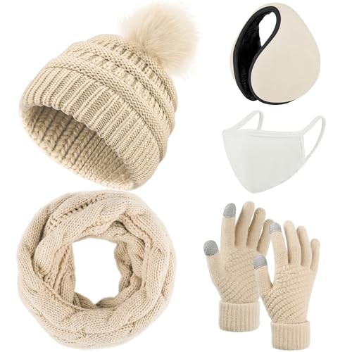 Apoway 5 in 1 Winter Set Include Knitted Pom Pom Beanie Hat Scarf Gloves Facemask and Earmuffs for Women Men