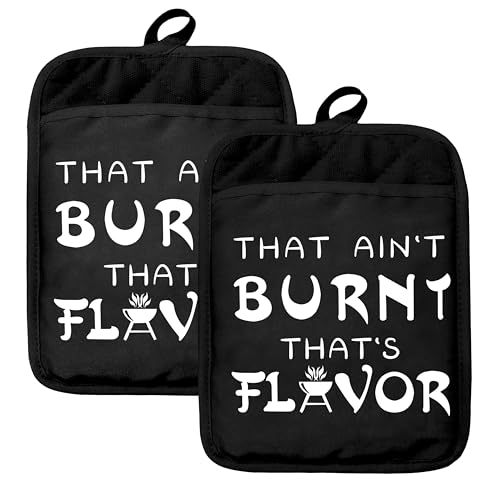 HUGANE Funny Oven Mitts Set, BBQ Grilling Gifts, Funny Kitchen Gifts, That's Not Burnt That's Flavor Heat Resistant Kitchen Oven Gloves for Baking and Cooking,Pot Holders