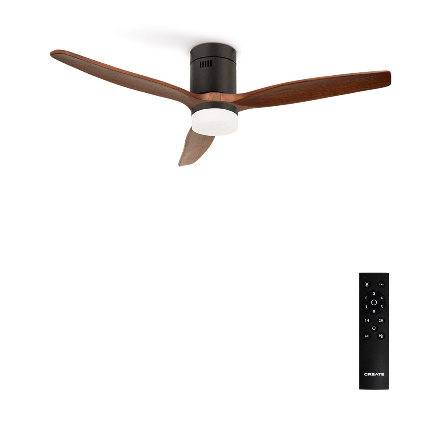 CREATE/WINDCALM/Ventilador de techo ABS con luz negro aspas efecto madera oscura y mando / 40W, Silencioso, Ø132 cm, 6 velocidades, 3 temperaturas de luz, temporizador, función verano-invierno