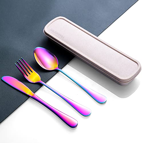 Image of Portable Utensils Set with Case, 4pcs Stainless Steel Reusable Silverware for Lunch Camping School Picnic Workplace Travel, Lunch Box Includ Fork Spoon Knife,Easy to clean,Dishwasher Safe(Rainbow)