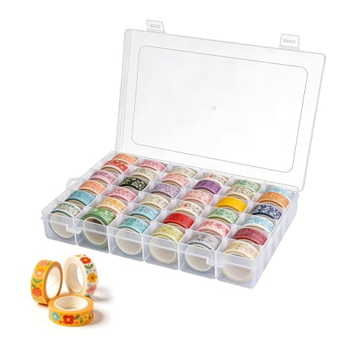 Washi Tape Organizer Box 36 Grids Clear Plastic Box with Removable Dividers Ideal for Washi Tape Storage and Carrying Suitable for Storing Stationery Jewelry Beads Art DIY Crafts Art Supplies