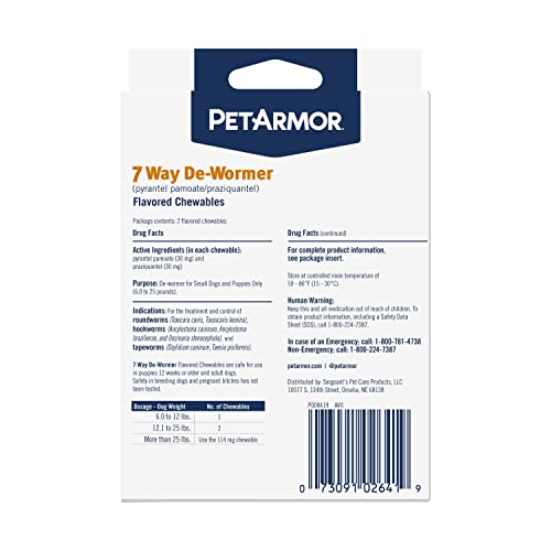 Petarmor 7 Way De-Wormer For Dogs, Oral Treatment For Tapeworm, Roundworm & Hookworm In Small Dogs & Puppies (6-25 Lbs), Worm Remover (Praziquantel & Pyrantel Pamoate), 2 Flavored Chewables #TOP1
