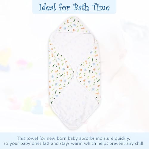 Image of Kuber Industries Soft & Absorbant Cotton Hooded Towels for New Born Baby | Wrapping Bath Towel for 0-12 Months | 83x83 cm | Animal Print-White