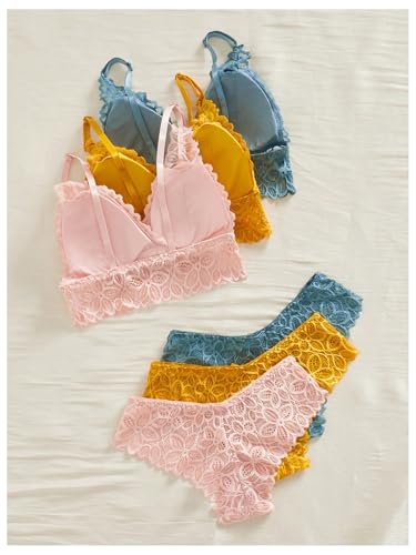 Image of Verdusa Women's Lingerie Sets 6 Piece Lace Bow Floral Underwear Bras Wireless Padded Bra and Panty Set