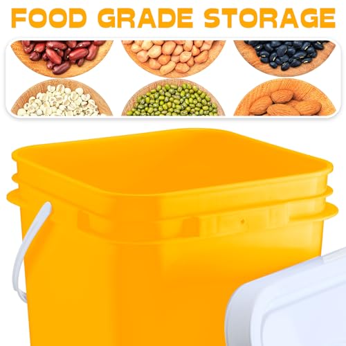 Vesici 6 Pcs 5 Gallon Square Bucket Pail with Plastic Handle and Lid Storage Food Container Industrial Pail with DIY Label Sticker for Multipurpose Paint Water Art Crafts Project(Yellow)