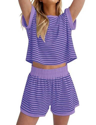 Image of Burtell Women Summer 2 Piece Lounge Sets Striped Short Sleeve Tee Shirts Mini Shorts Loungewear Shorts Set Ribbed Pajama Set