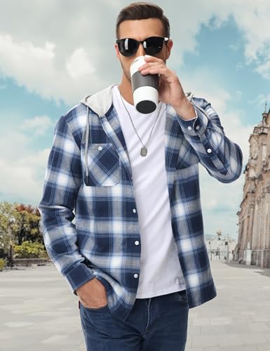 Image of MAGCOMSEN Men's Plaid Hooded Jacket Flannel Shirts Long Sleeve 4 Pockets Casual Button Down Shirts