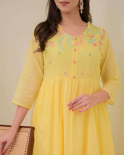 Image of ARK HUB Women's Cotton Embroidered Anarkali Kurti with Pant and Dupatta Set