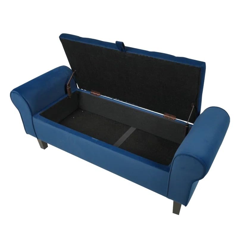 Image of Rolled Arm Storage Ottoman Bench | Tufted Velvet Sofa Bench with Hidden Storage | 2 Seater Bedroom Living Room Window Seating | Upholstered Lounge Bench Footrest End of Bed Seat | Blue
