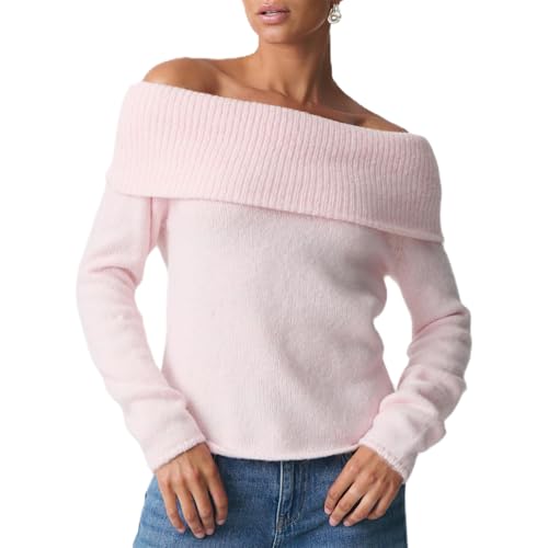Image of Women Off The Shoulder Sweater Y2k Long Sleeve Boat Neck Knit Cropped Pullover Tops Fall Trendy Going Out Streetwear