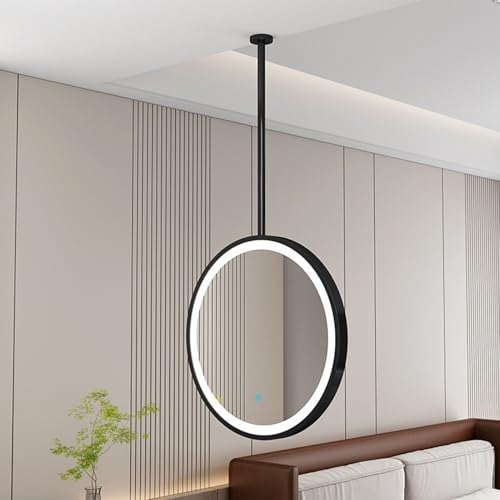 Espejo de varilla colgante para baño, espejo de pared LED redondo Espejo tocador decorativo de techo con botón táctil 3 colores brillo de luz ajustable, marco de metal(Diameter-40CM/15.7INCH)