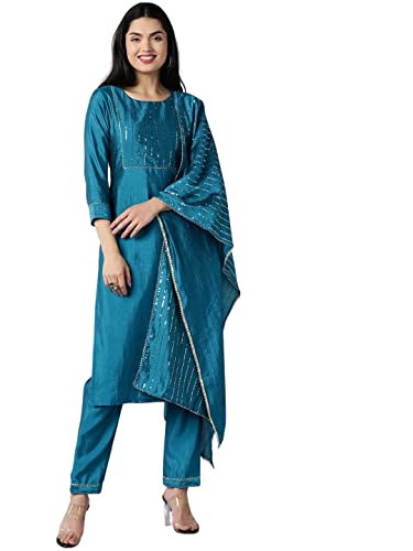 Image of Vaamsi Women's Poly Silk Embellished Solid Straight Kurta Pant with Dupatta