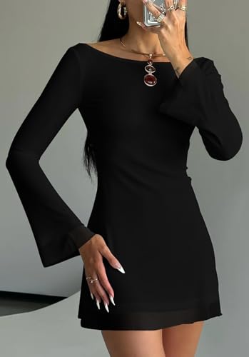 GOBLES Women's Sexy Long Flare Sleeve Boat Neck A-line Mini Cocktail Party Dress2