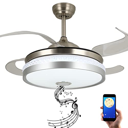 JVUJVCI Retractable Ceiling Fan with LED Light and Bluetooth Speaker 7 Color Lighting Changes with Remote Control Music Player Invisible Acrylic Blade for Living Room 42 Inch